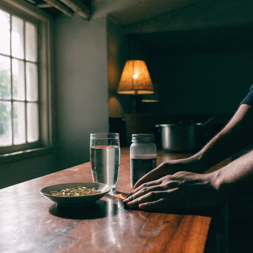 Vaso de agua y un platillo con cápsulas en la cocina al amanecer