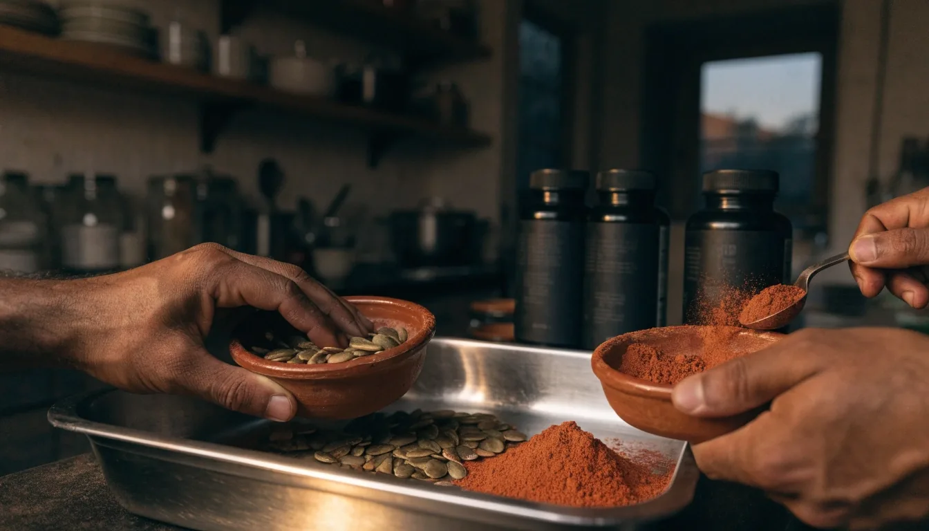 Frascos mate y semillas de guaraná, calabaza y maca sobre una charola de acero