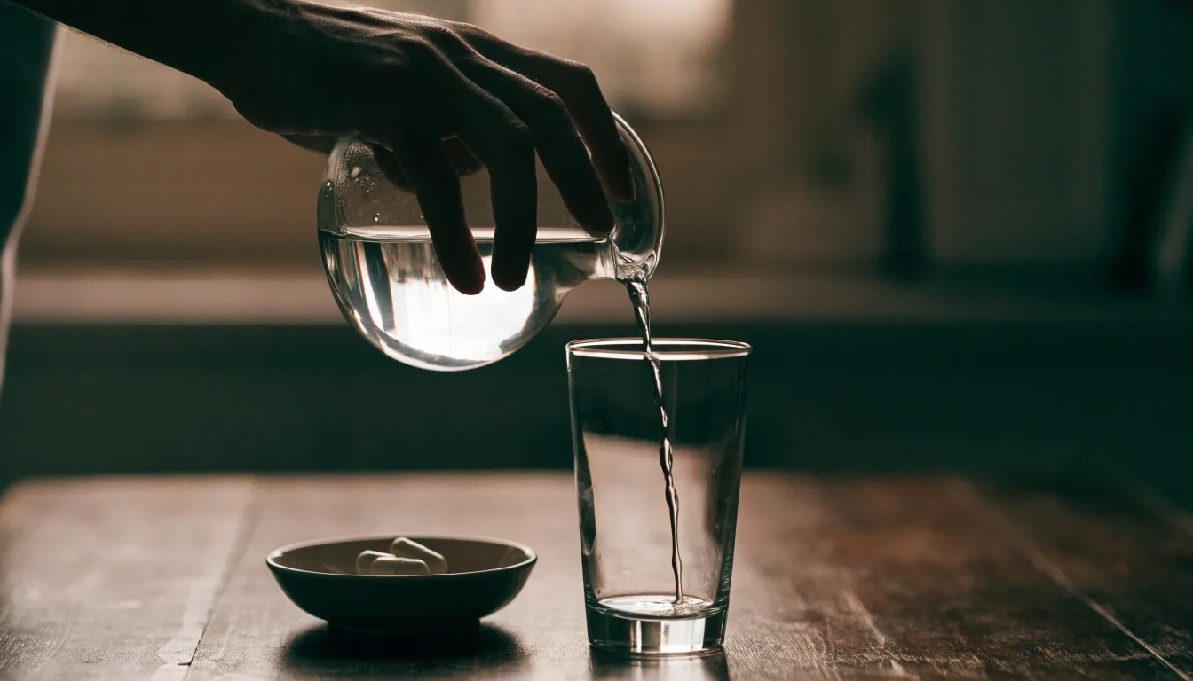 Hombre sirviendo agua en un vaso junto a un plato con cápsulas en una cocina al amanecer