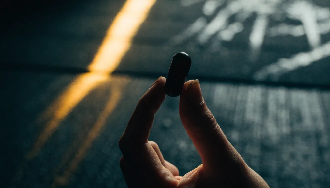 Cápsula mate sostenida entre dos dedos sobre un tapete de gimnasio oscuro al final del día
