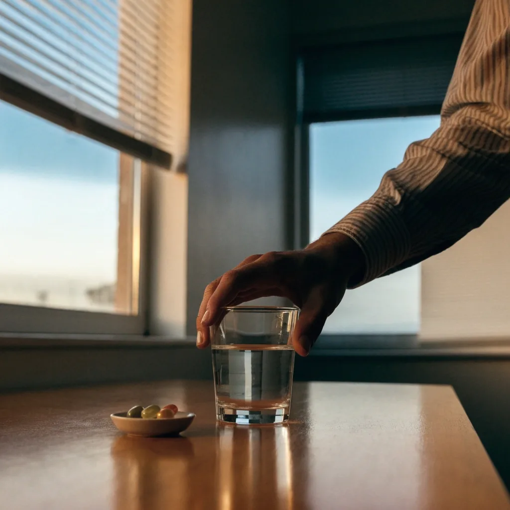 Vaso de agua vacío sobre una barra de granito junto a un plato pequeño con tres cápsulas y una ventana nocturna de fondo