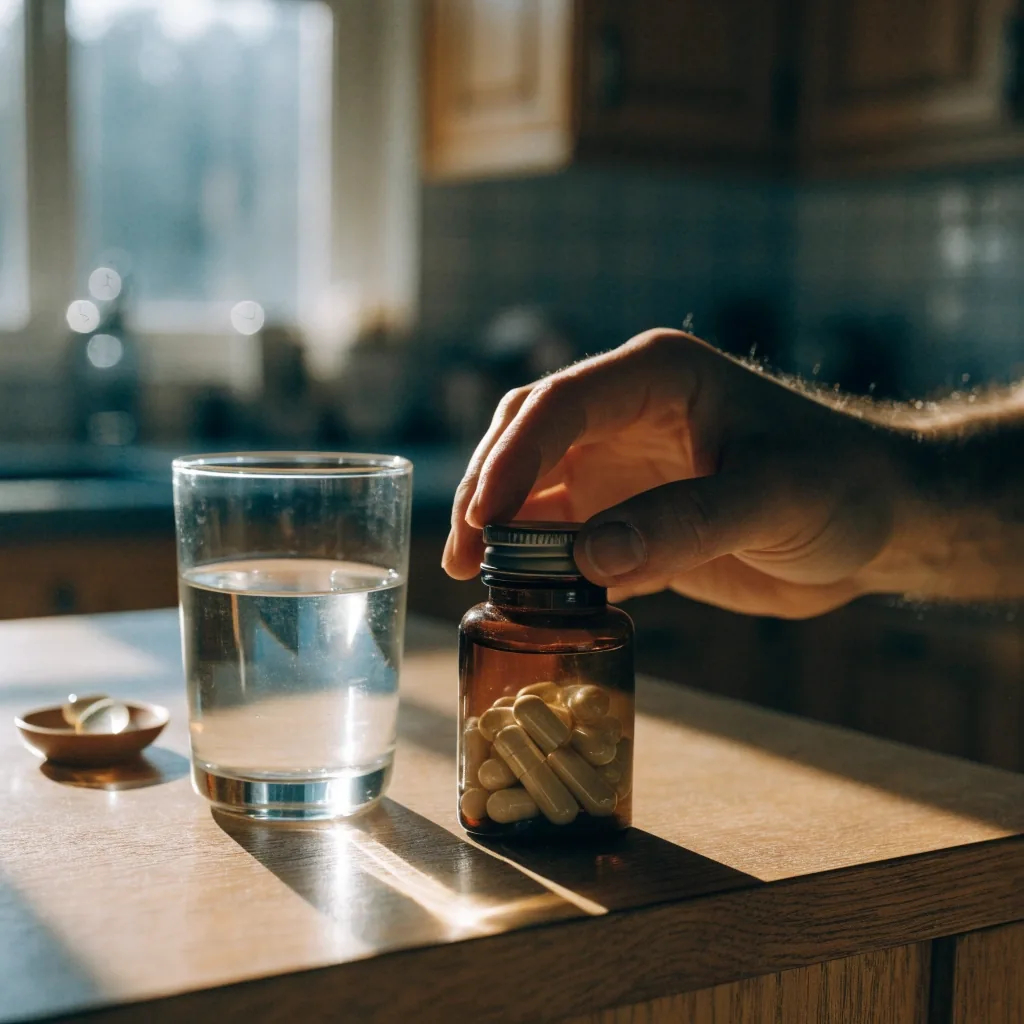 Vaso de agua y un plato pequeño con una cápsula sobre la barra de una cocina al amanecer
