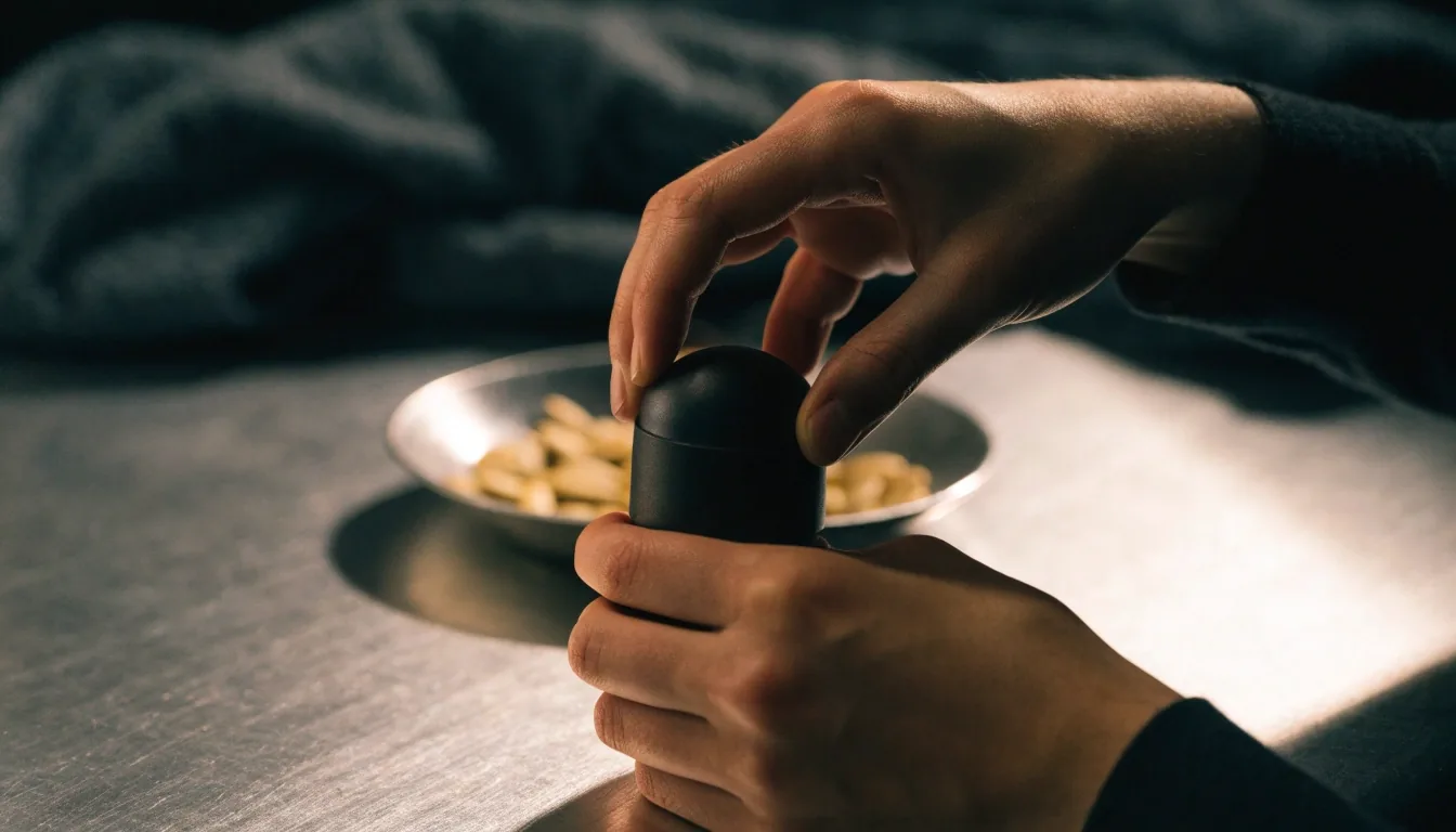 Manos de un hombre cerrando una cápsula mate sobre una superficie de acero, con semillas al fondo