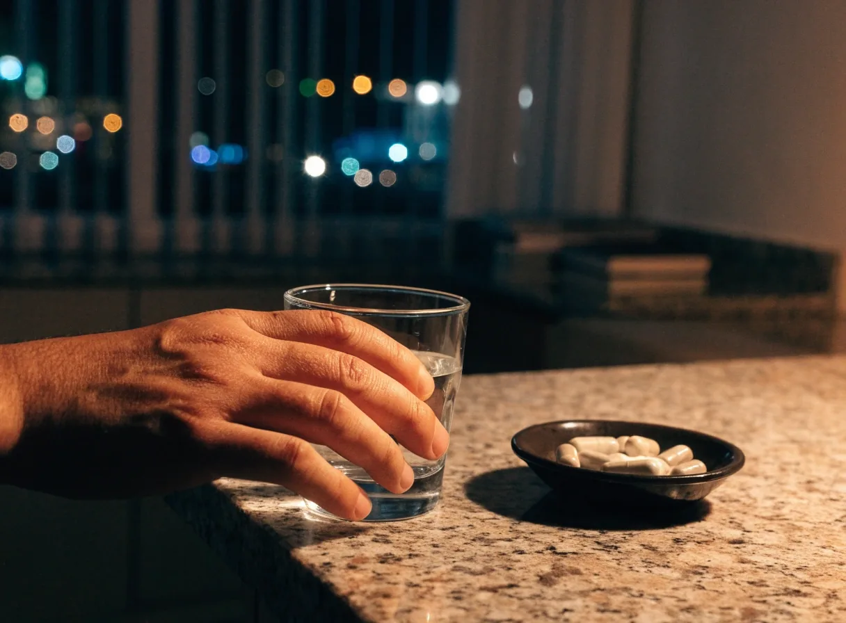 Vaso de agua a medio llenar junto a un plato oscuro con cápsulas mates, de noche