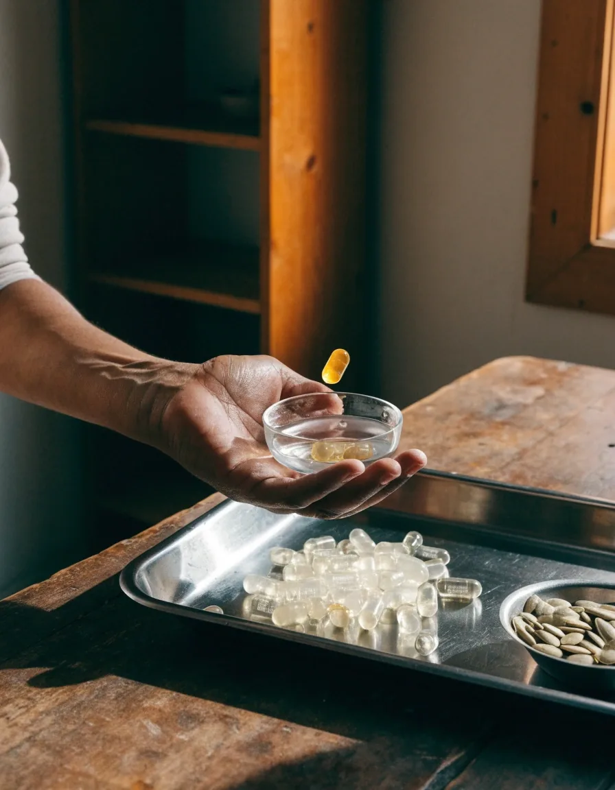 Platillo de vidrio con tabletas y cápsulas multivitamínicas sobre una charola de acero