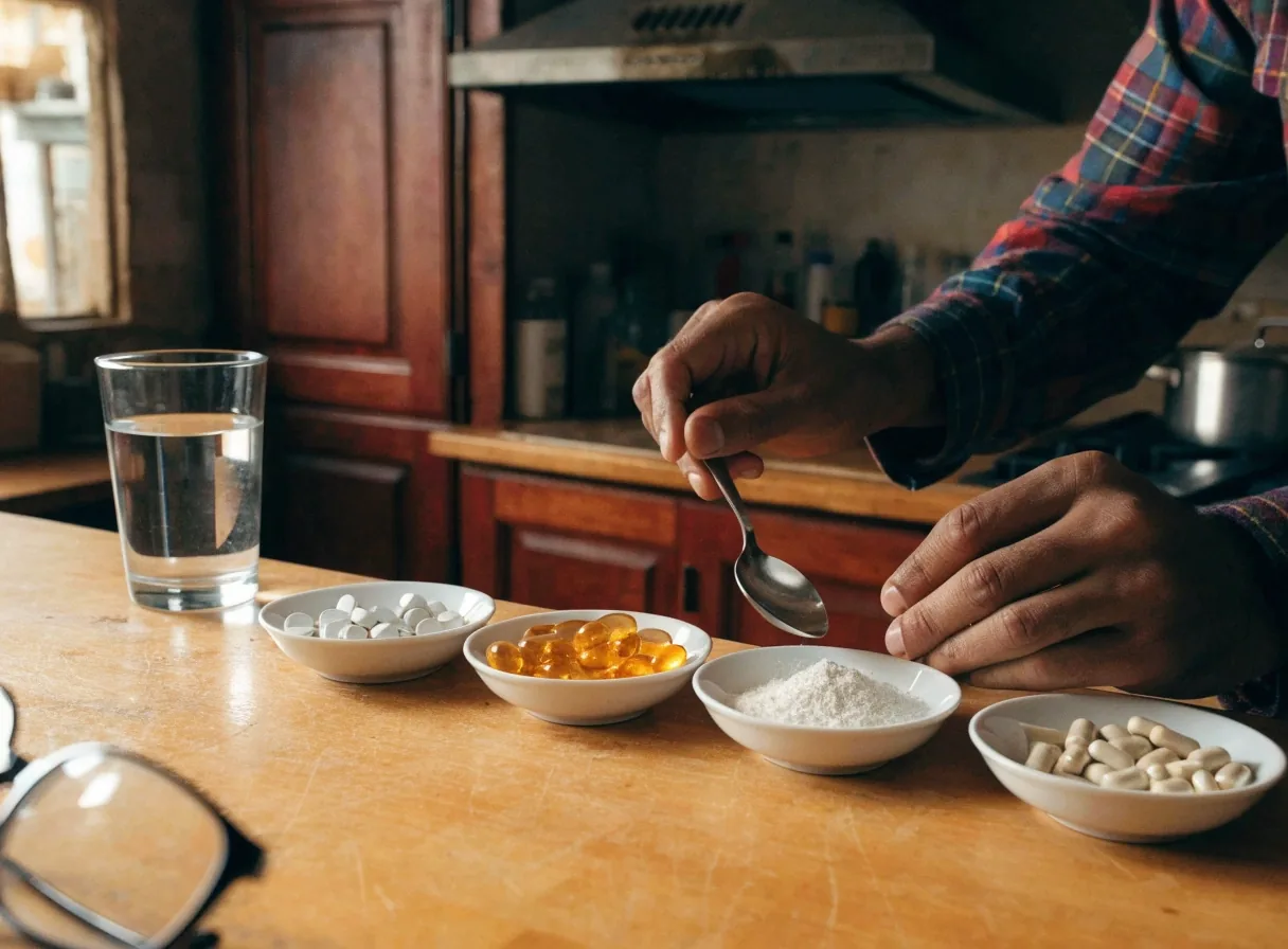 Charola metálica con cuatro platos pequeños de cerámica mostrando tabletas, cápsulas blandas, polvo y cápsulas mate
