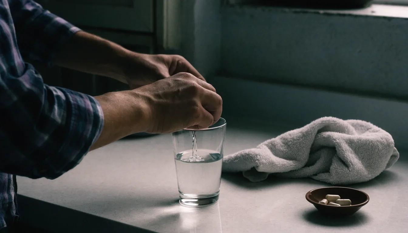 Manos sirviendo agua en un vaso junto a un plato pequeño con cápsulas matte sobre la barra de la cocina al amanecer