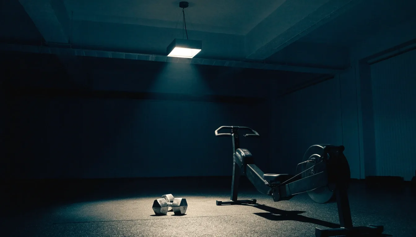 Piso de gimnasio vacío de noche con una máquina de remo y mancuernas bajo una sola lámpara alta