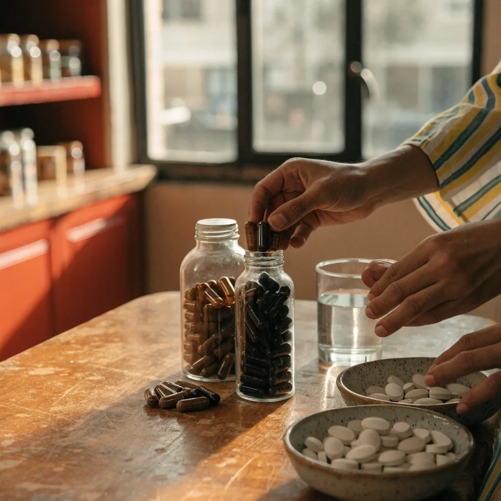 Frascos de fórmulas multivitamínicas para hombre sobre una charola de acero en un mostrador de tienda, con una lámpara ámbar encendida de fondo