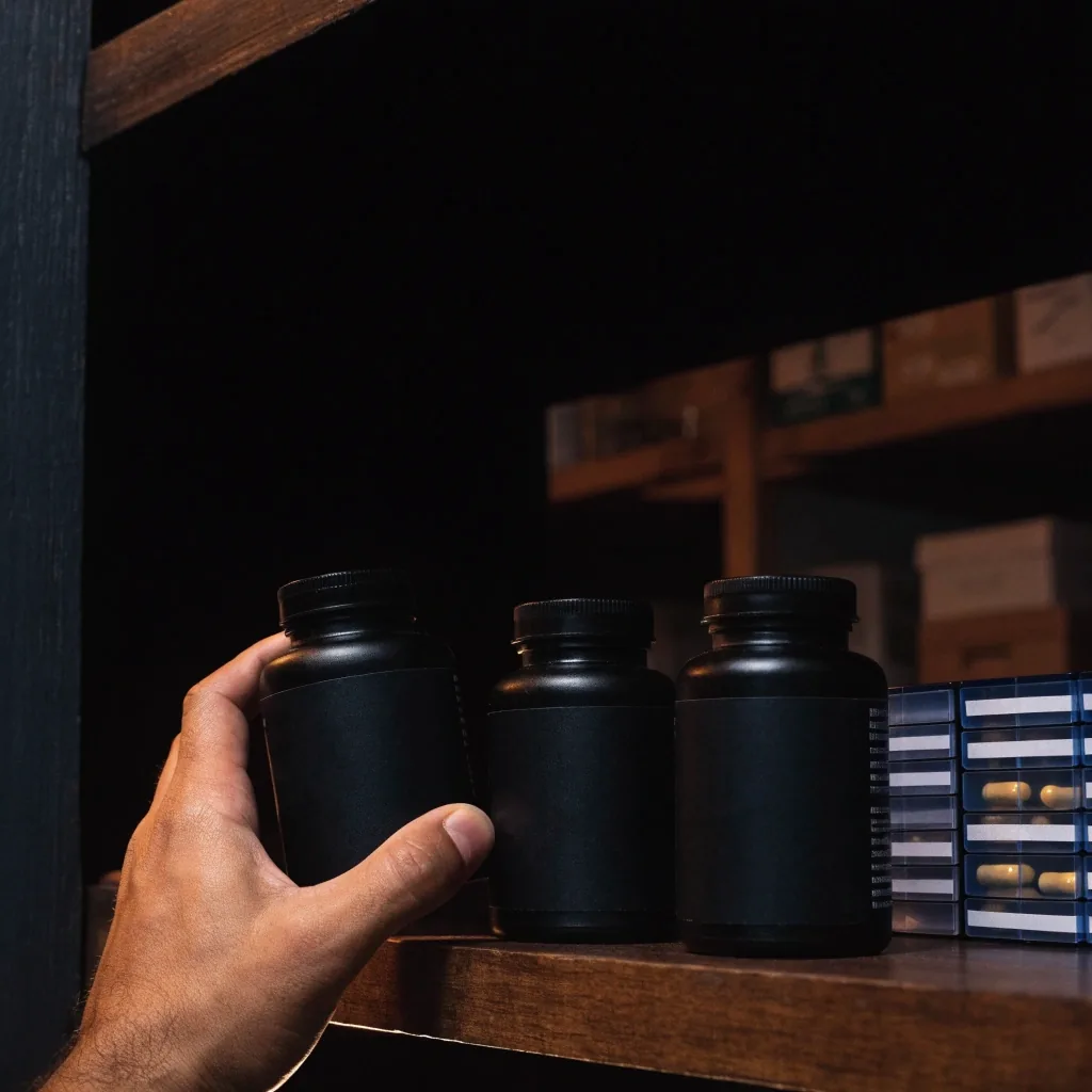 Siluetas de tres frascos mate alineados en un estante oscuro, sin etiquetas a la vista